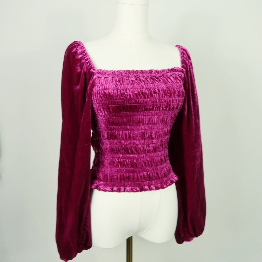 Anthropologie Womens Smocked Velvet Puff Sleeve Top Small Magenta Pink Boho - Picture 4 of 11